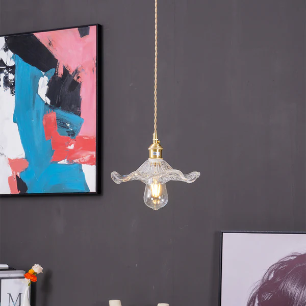 Stylish Hanging Lamp with Hibiscus Flower – Glass and Brass, 150 cm – Lamp for Living Room, Chandelier, Elegant Hanging Lamps