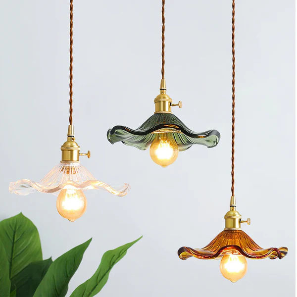 Stylish Hanging Lamp with Hibiscus Flower – Glass and Brass, 150 cm – Lamp for Living Room, Chandelier, Elegant Hanging Lamps