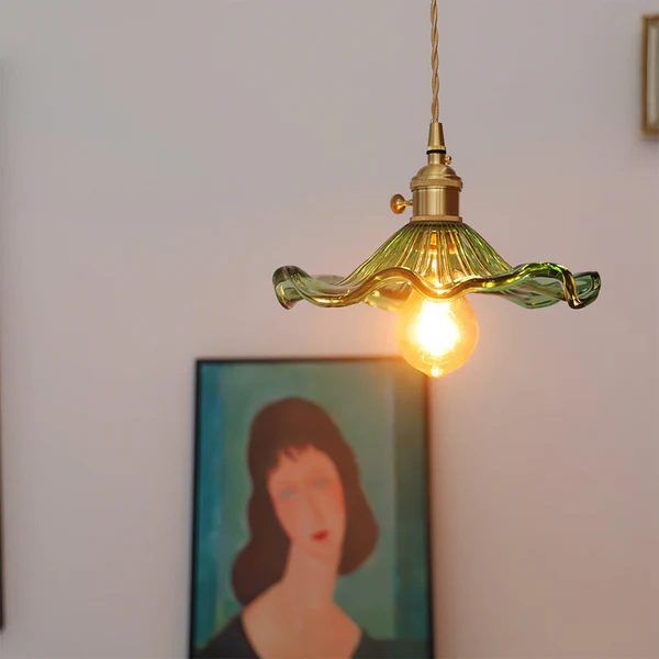 Stylish Hanging Lamp with Hibiscus Flower – Glass and Brass, 150 cm – Lamp for Living Room, Chandelier, Elegant Hanging Lamps