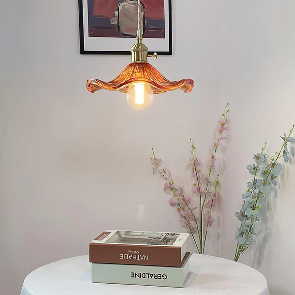 Stylish Hanging Lamp with Hibiscus Flower – Glass and Brass, 150 cm – Lamp for Living Room, Chandelier, Elegant Hanging Lamps
