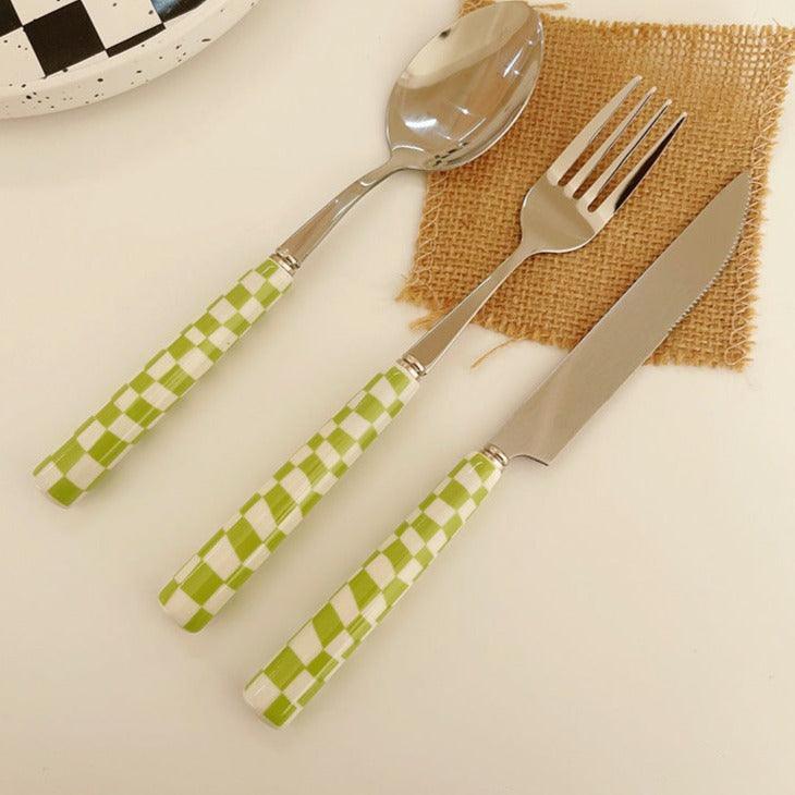 Stylish Stainless Steel Cutlery with Checkerboard Pattern
