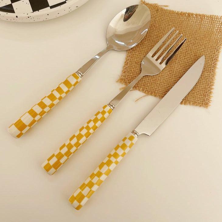 Stylish Stainless Steel Cutlery with Checkerboard Pattern