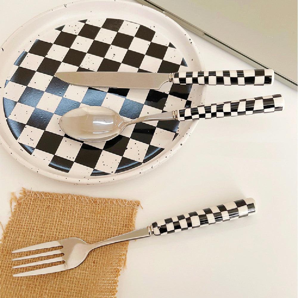 Stylish Stainless Steel Cutlery with Checkerboard Pattern