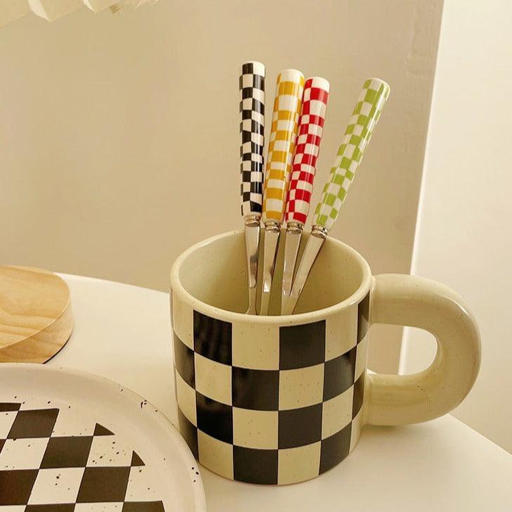 Stylish Stainless Steel Cutlery with Checkerboard Pattern