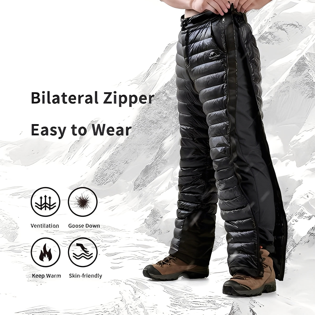 Thermal Goose Down Outdoor Hiking and Ski Pants with Zipper