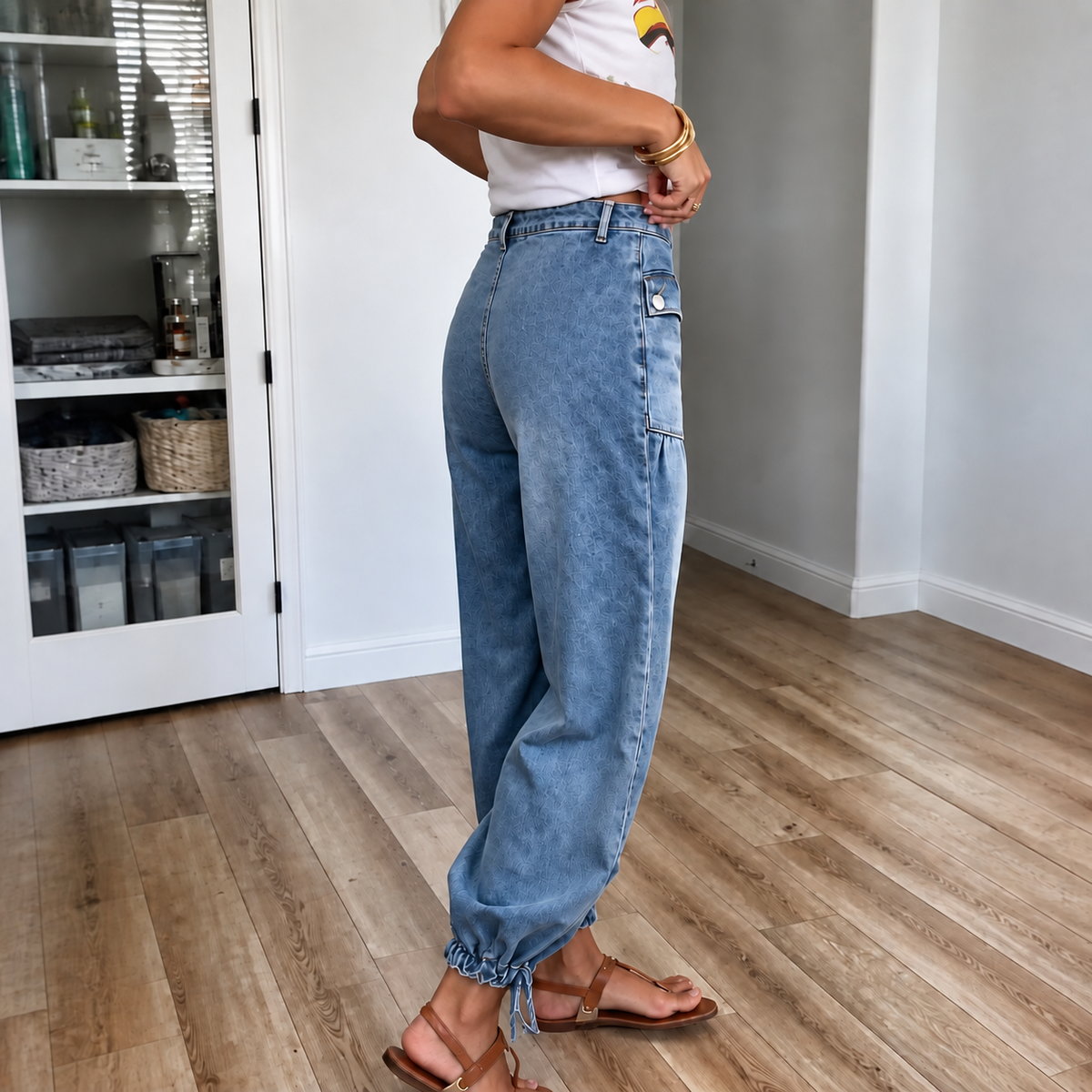 Tie-Hem Curved Barrel Leg Jeans