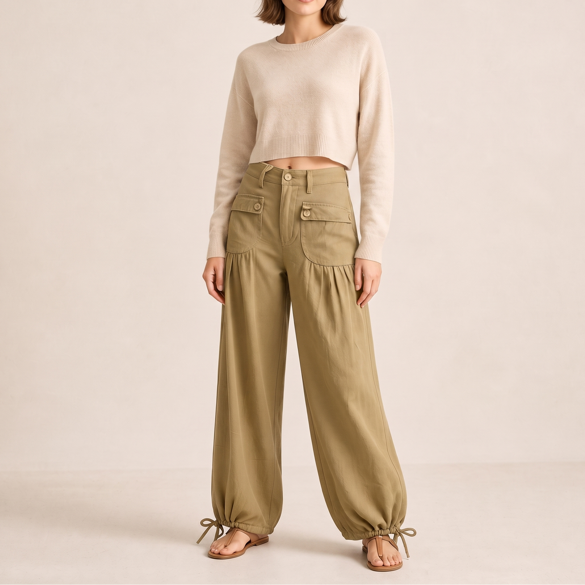 Tie-Hem Curved Barrel Leg Jeans