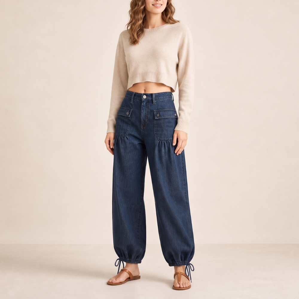 Tie-Hem Curved Barrel Leg Jeans