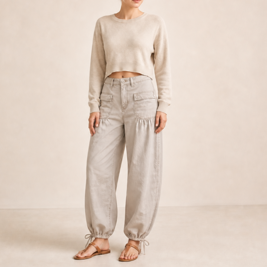 Tie-Hem Curved Barrel Leg Jeans
