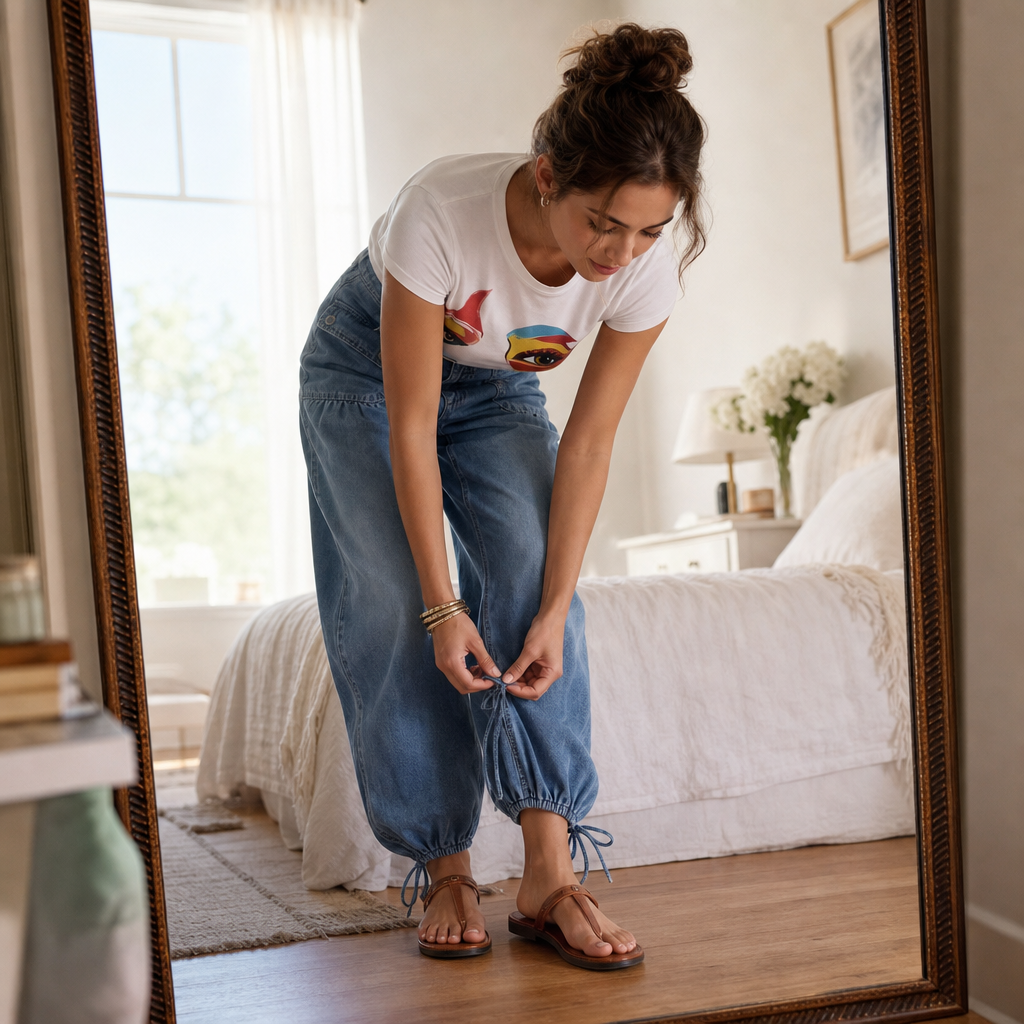 Tie-Hem Curved Barrel Leg Jeans