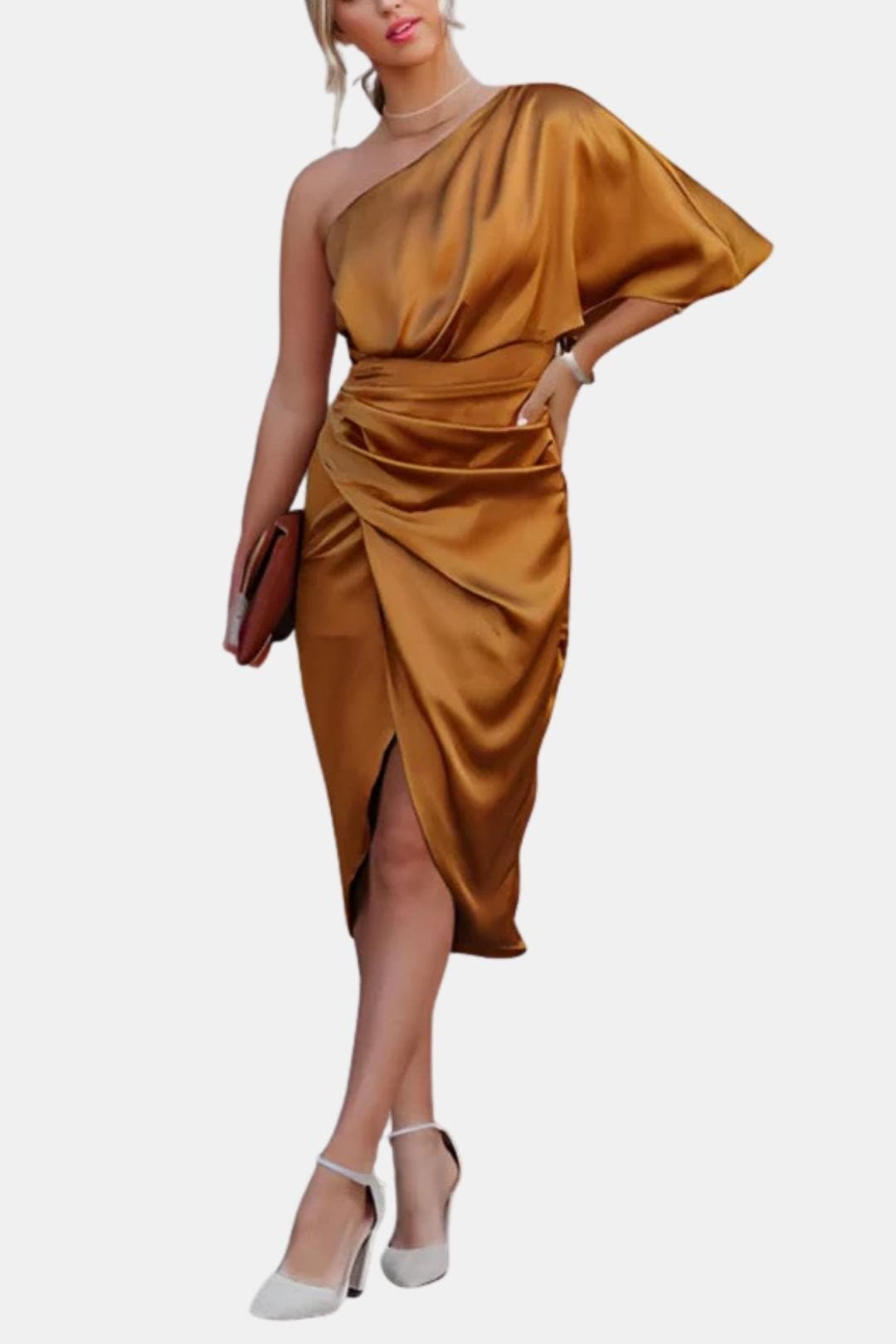Image of Tiffany | Women's One-Shoulder Wrap Midi Dress