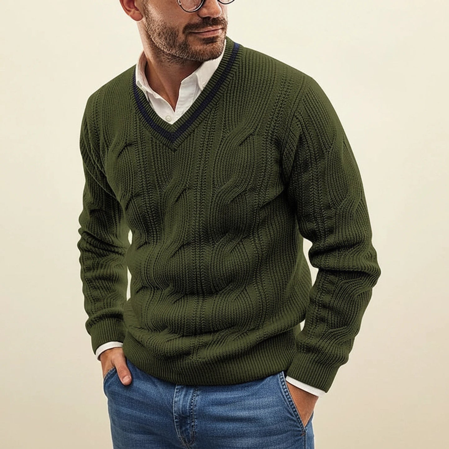 Men's Cable Knit V-Neck Sweater