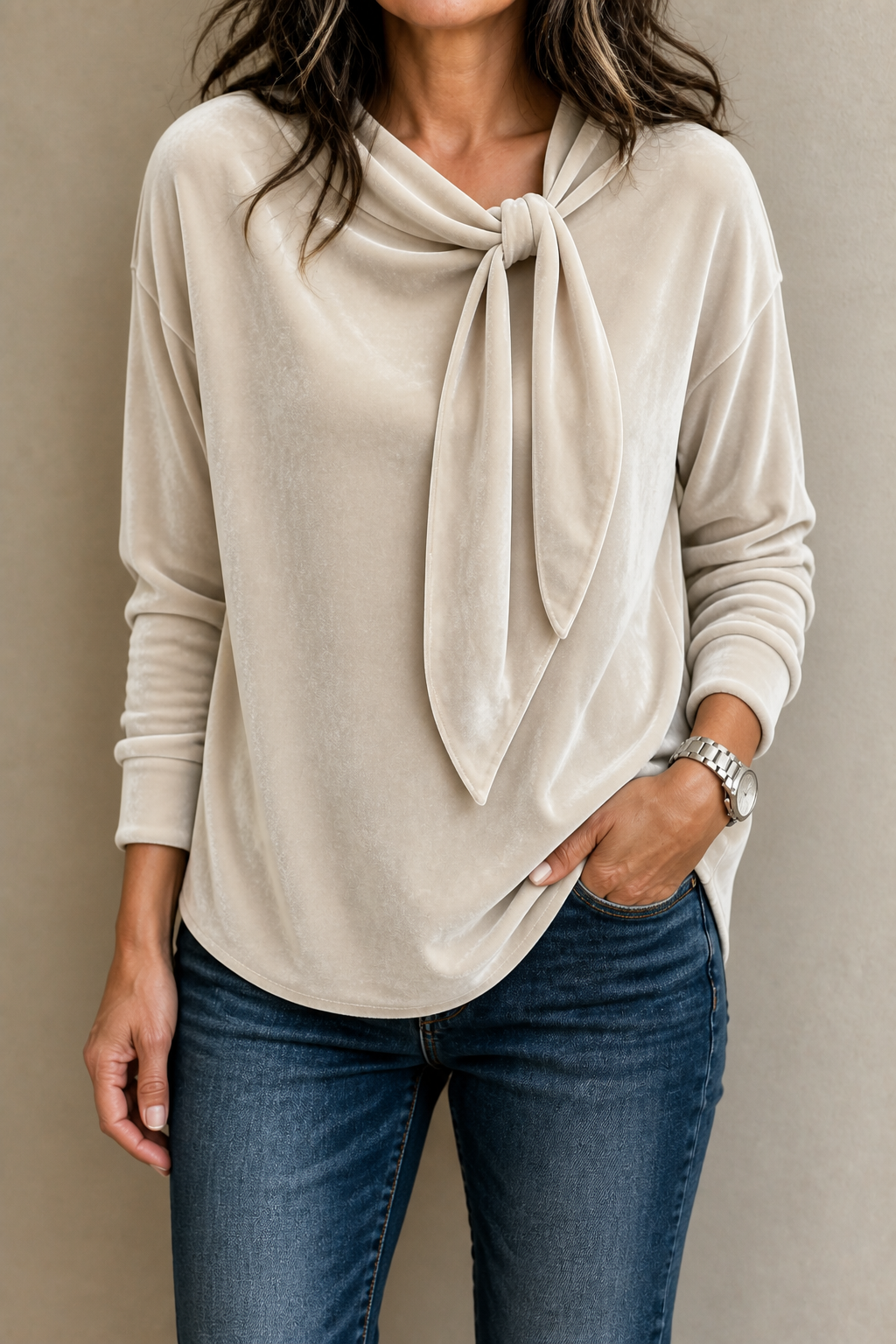 Velvet Tie-Neck Relaxed Blouse