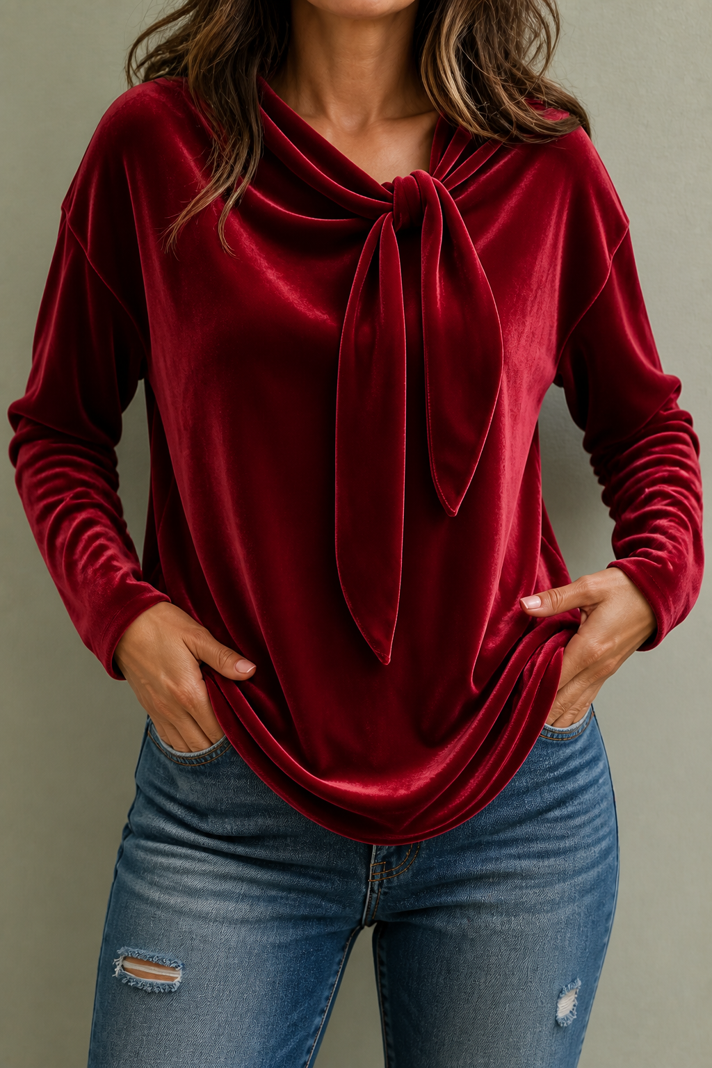 Velvet Tie-Neck Relaxed Blouse