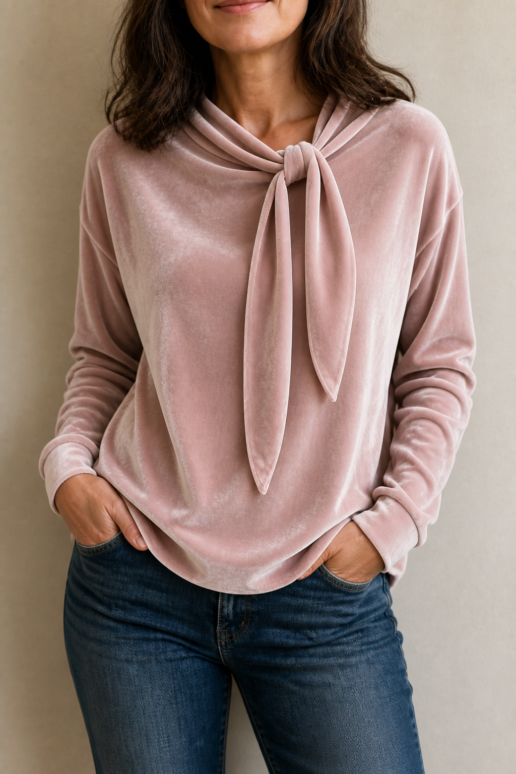 Velvet Tie-Neck Relaxed Blouse
