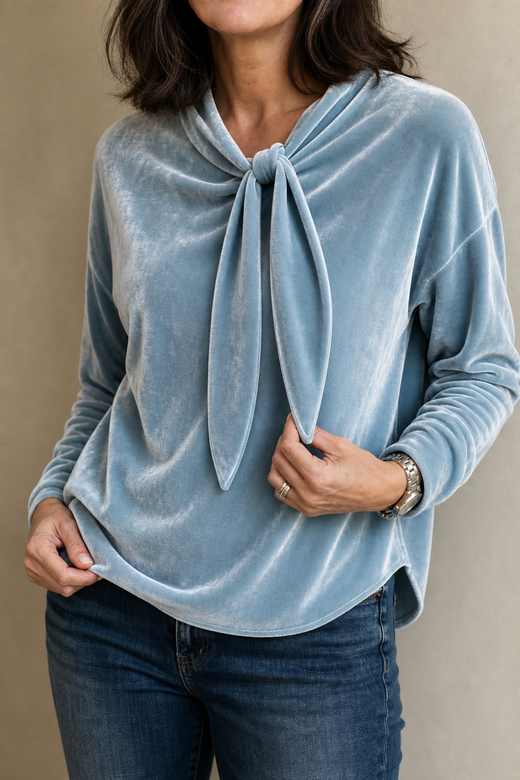 Velvet Tie-Neck Relaxed Blouse
