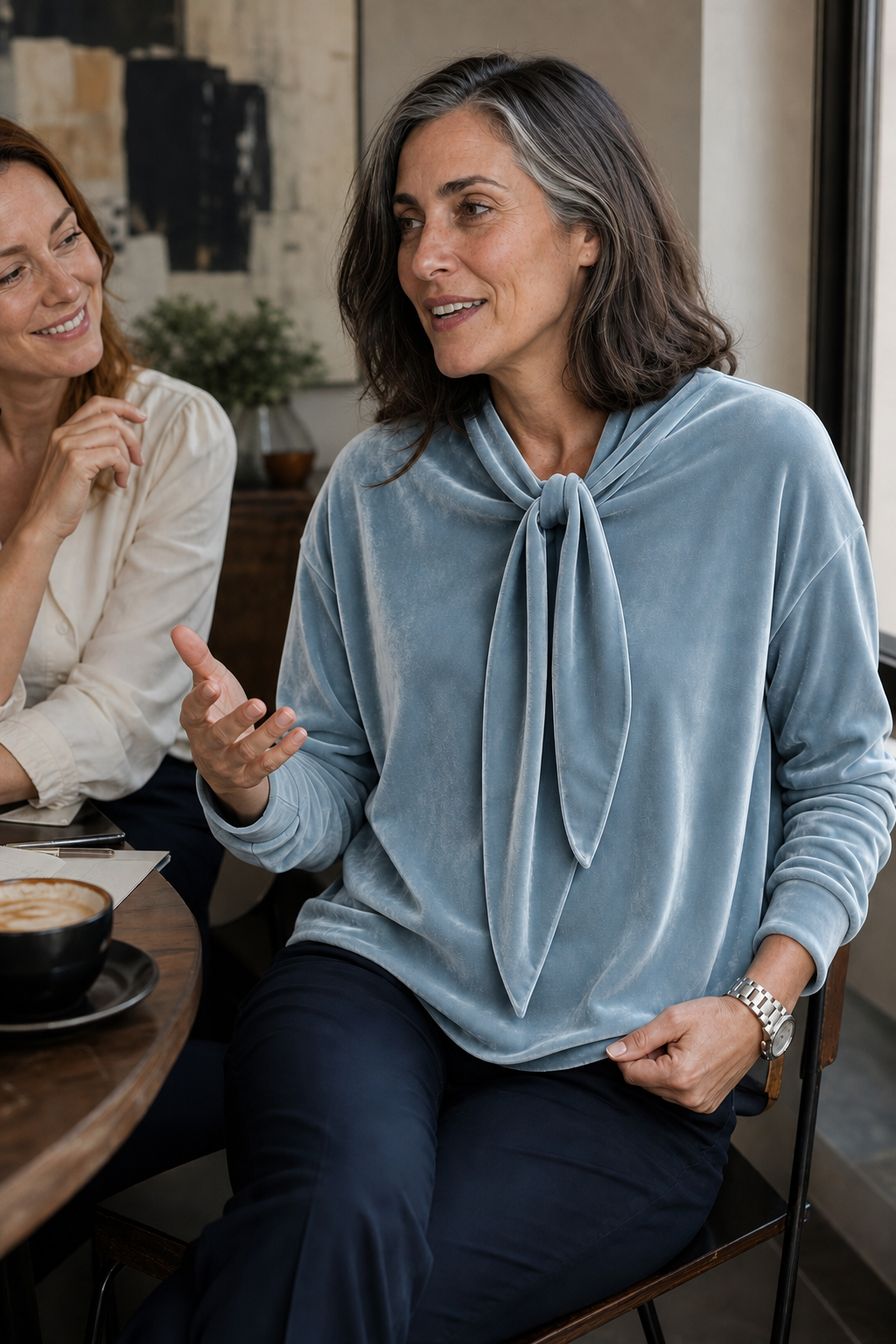 Velvet Tie-Neck Relaxed Blouse