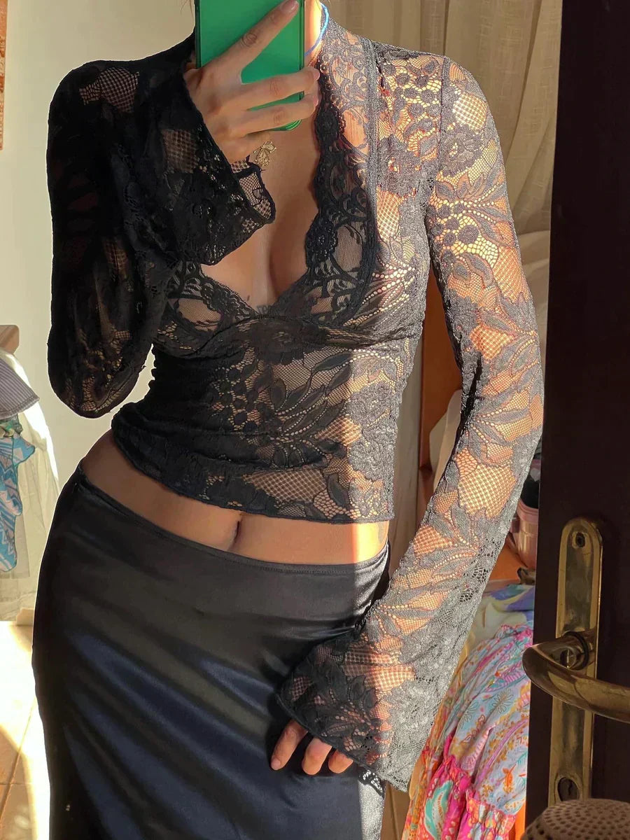 Image of Vicki | Women's Long Sleeve Wrap Lace Blouse