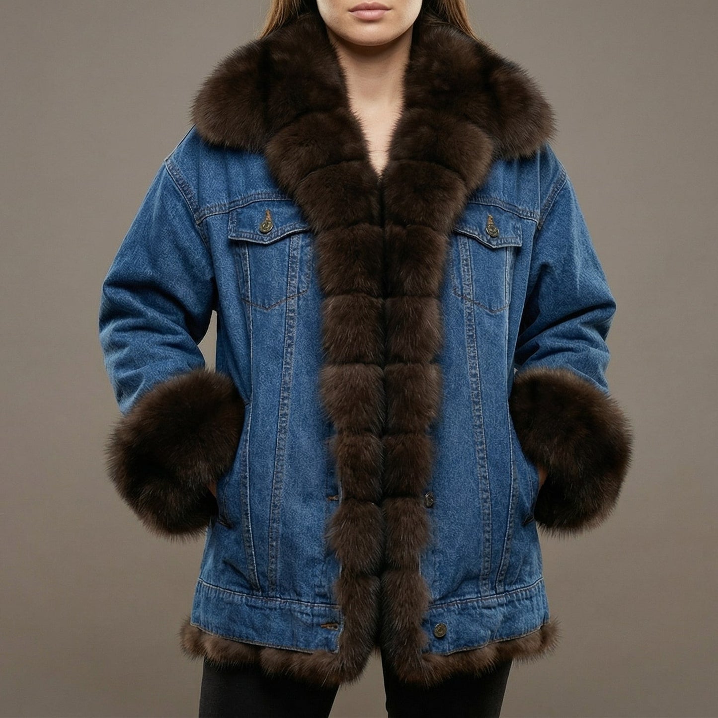 Image of Violet | Women's Long Sleeve Denim Jacket with Fur Collar