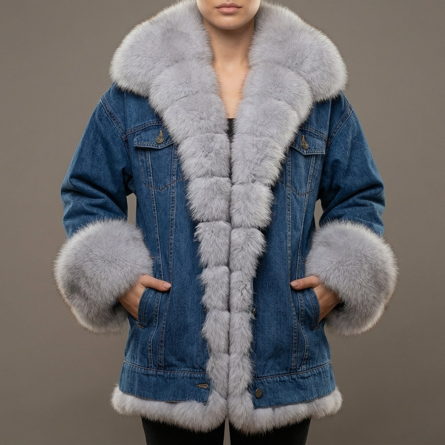Image of Violet | Women's Long Sleeve Denim Jacket with Fur Collar