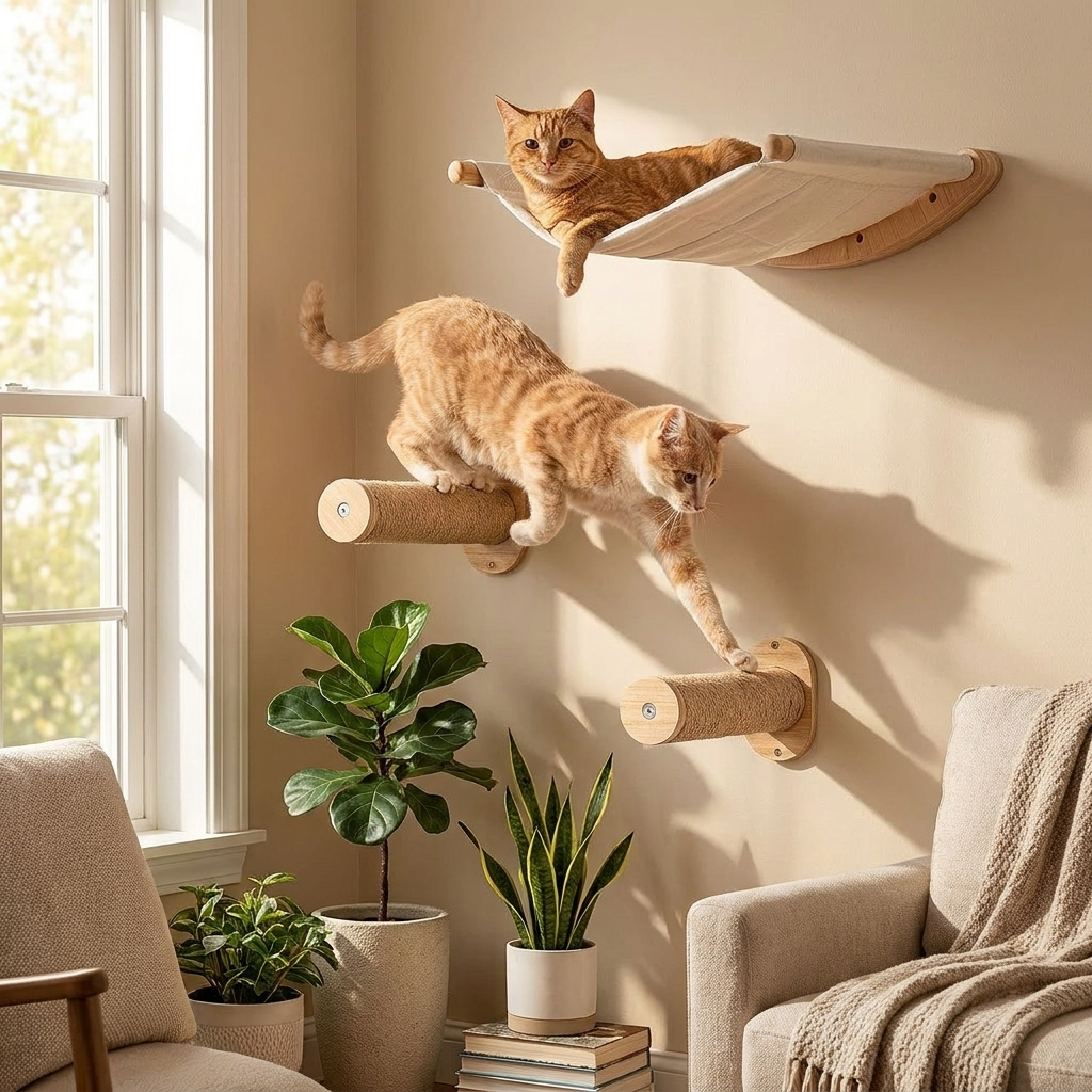 Wall-Mounted Cat Shelves and Hammock with Steps