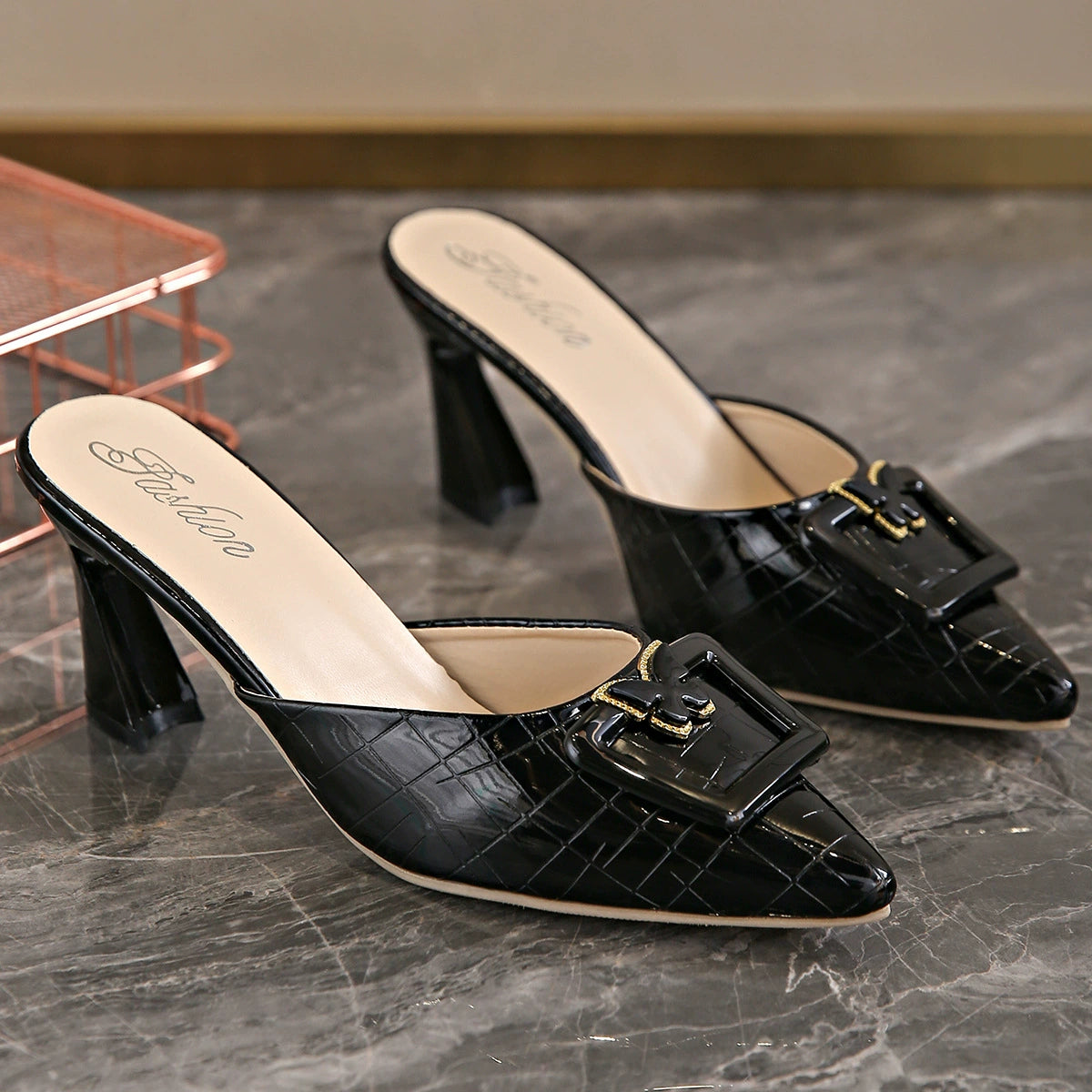 Image of Whitney | Women's High Heel Buckle Slip-On Mules