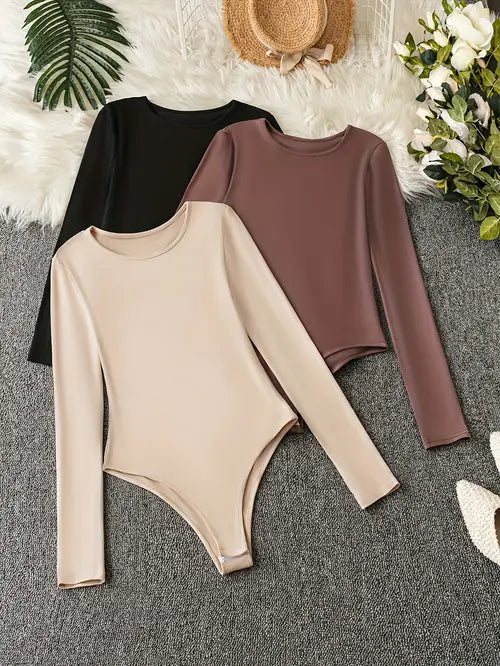 Women's 3-Pack Casual Long-Sleeve Bodysuits