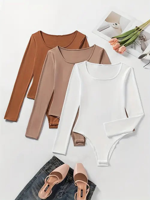 Women's 3-Pack Casual Long-Sleeve Bodysuits