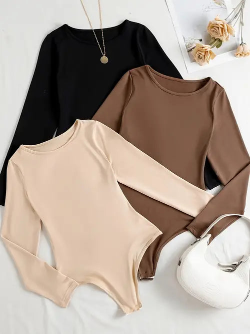 Women's 3-Pack Casual Long-Sleeve Bodysuits