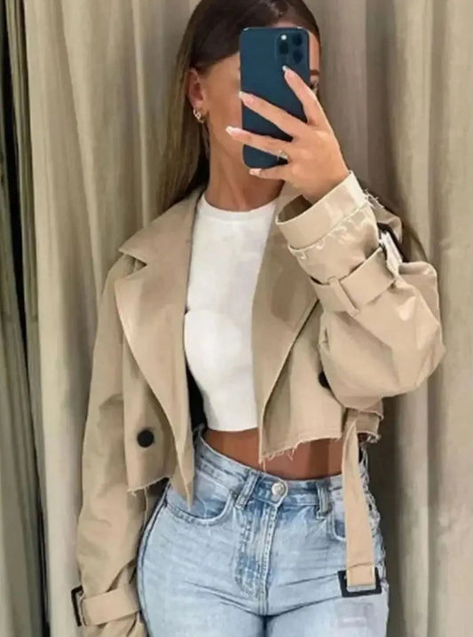Women's Beige Cropped Long-Sleeve Trench Coat