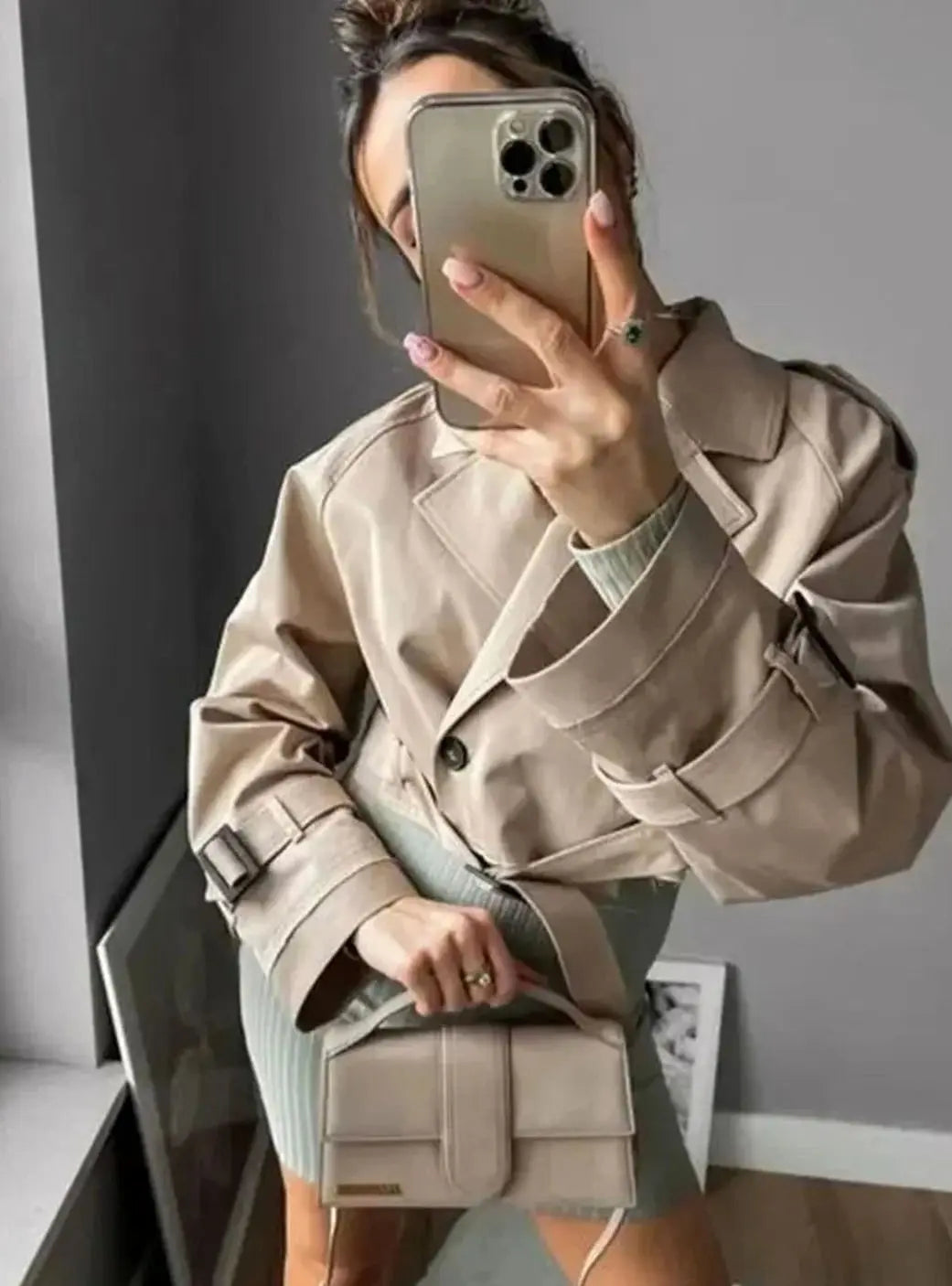 Women's Beige Cropped Long-Sleeve Trench Coat