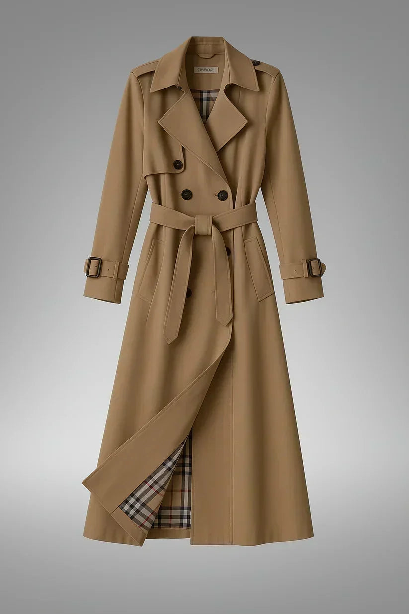 Women's Belted Double-Breasted Trench Coat with Notched Lapels