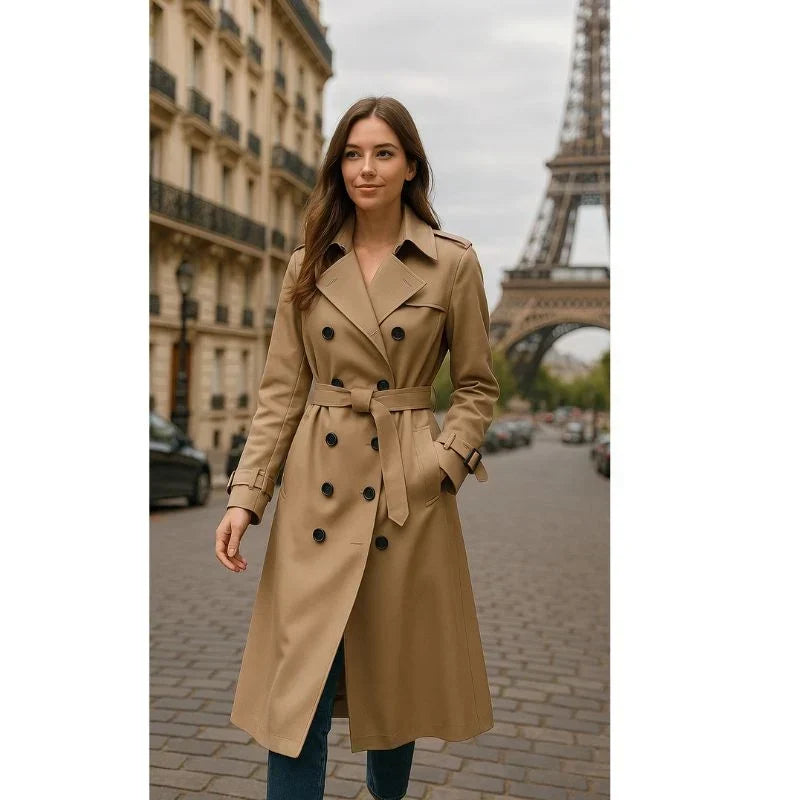 Women's Belted Double-Breasted Trench Coat with Notched Lapels