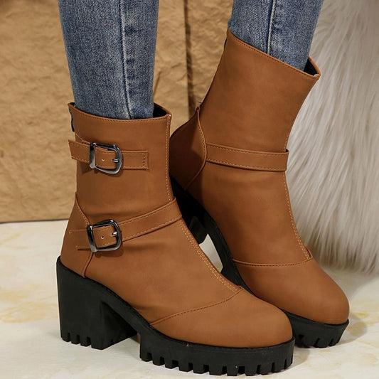 Women's Block Heel Double Buckle Ankle Boots