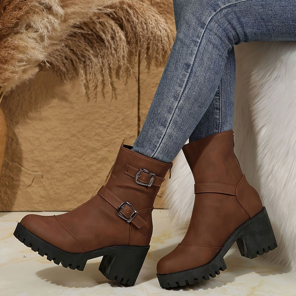 Women's Block Heel Double Buckle Ankle Boots