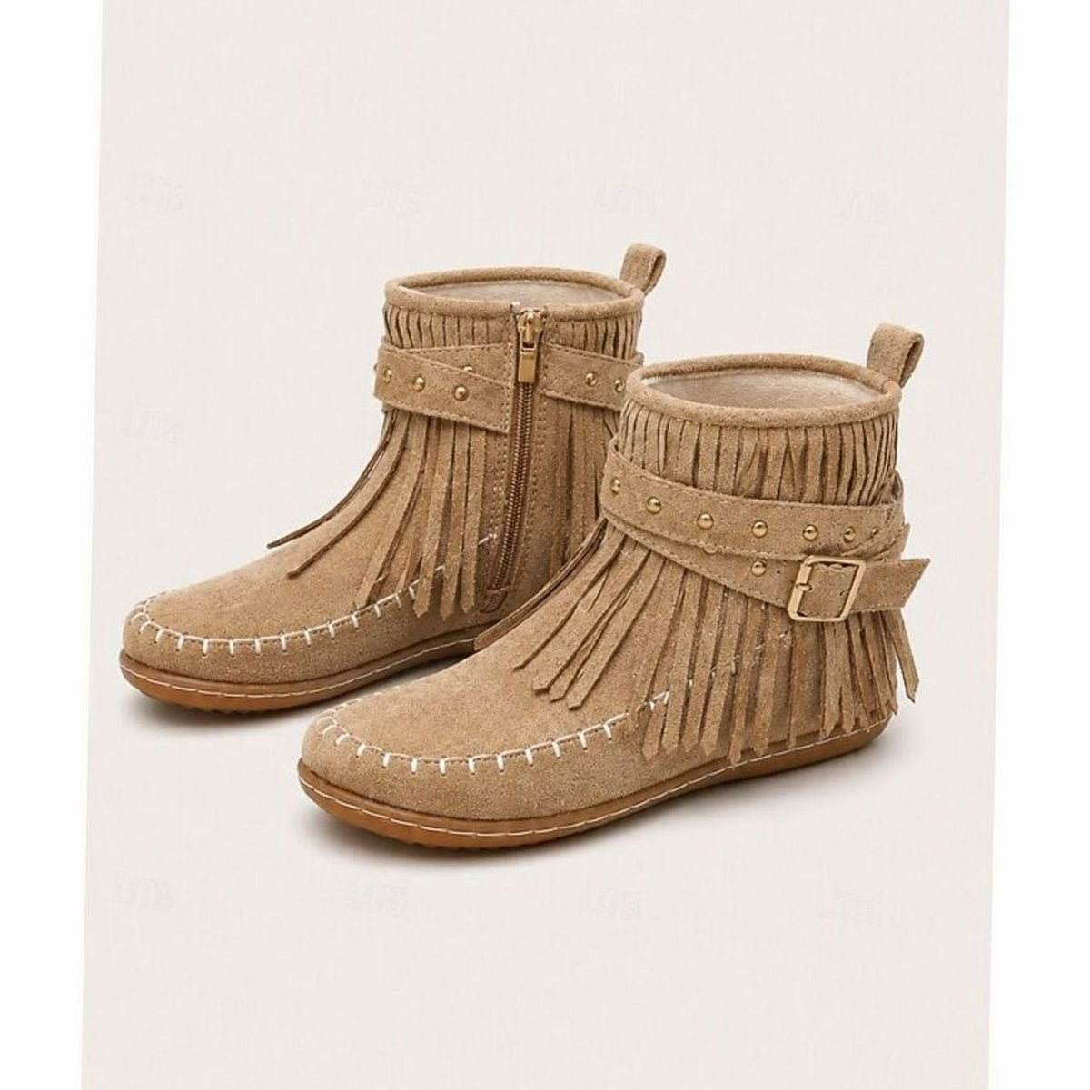 Women's Boho Fringe Moccasin Flat Ankle Boots with Buckle Strap