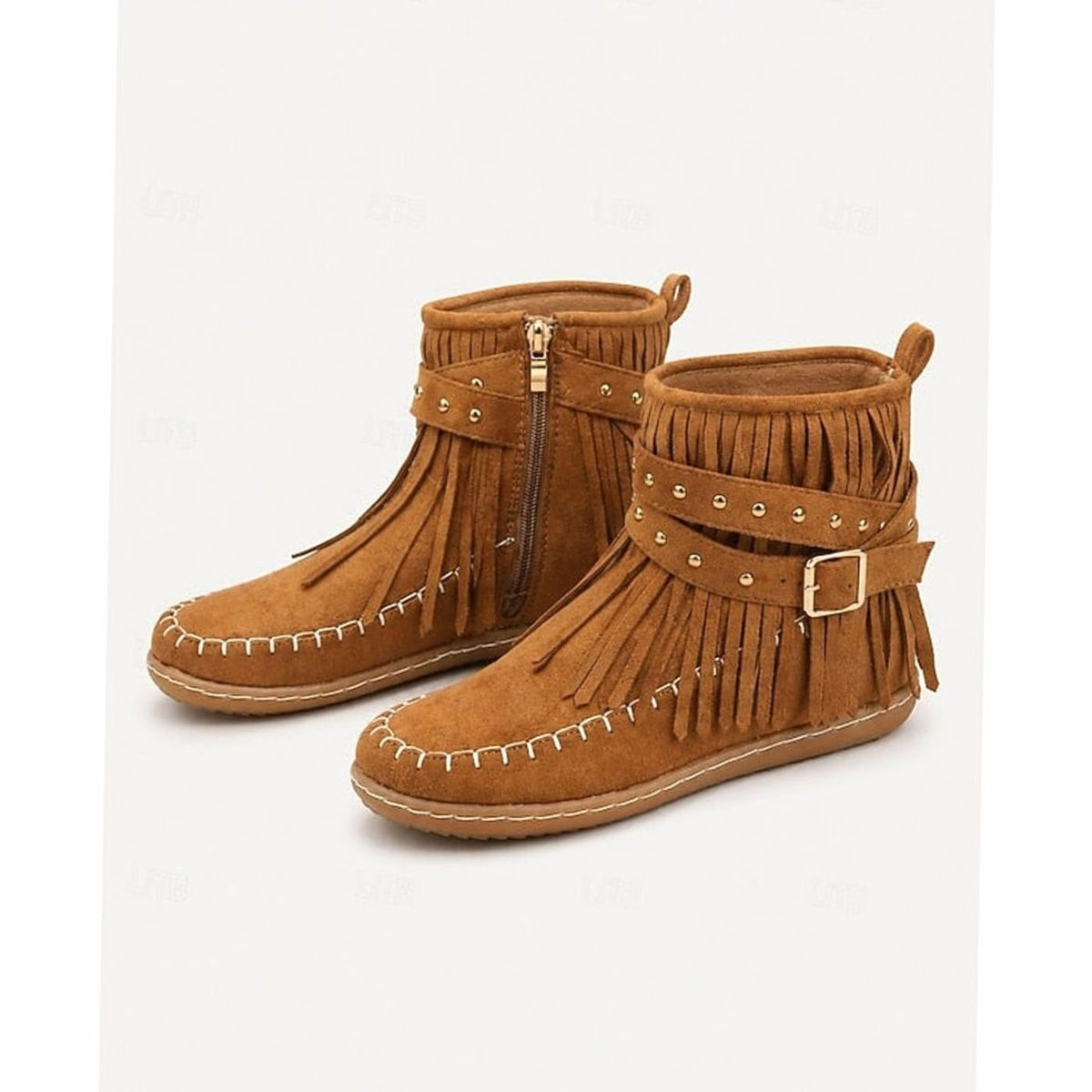 Women's Boho Fringe Moccasin Flat Ankle Boots with Buckle Strap