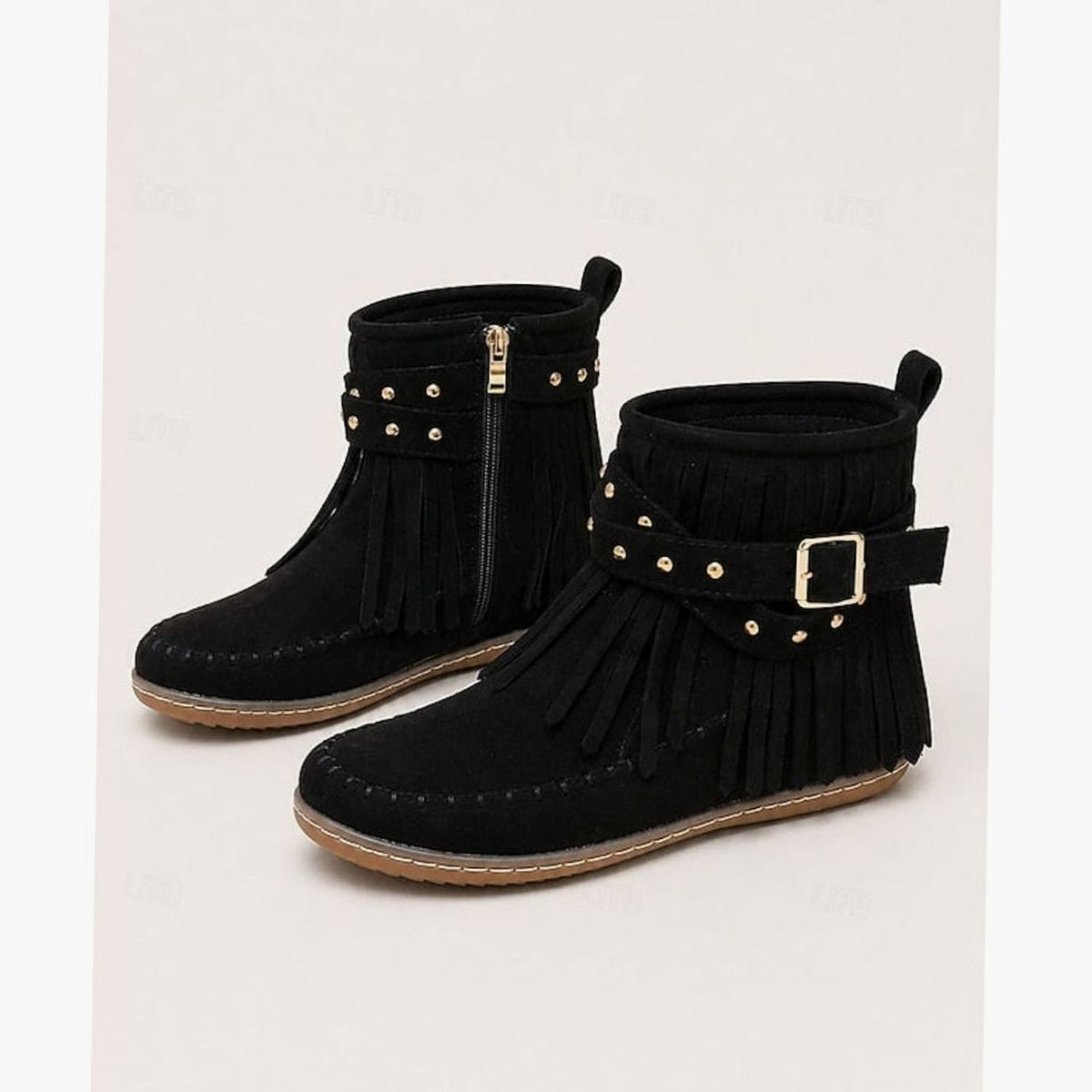 Women's Boho Fringe Moccasin Flat Ankle Boots with Buckle Strap