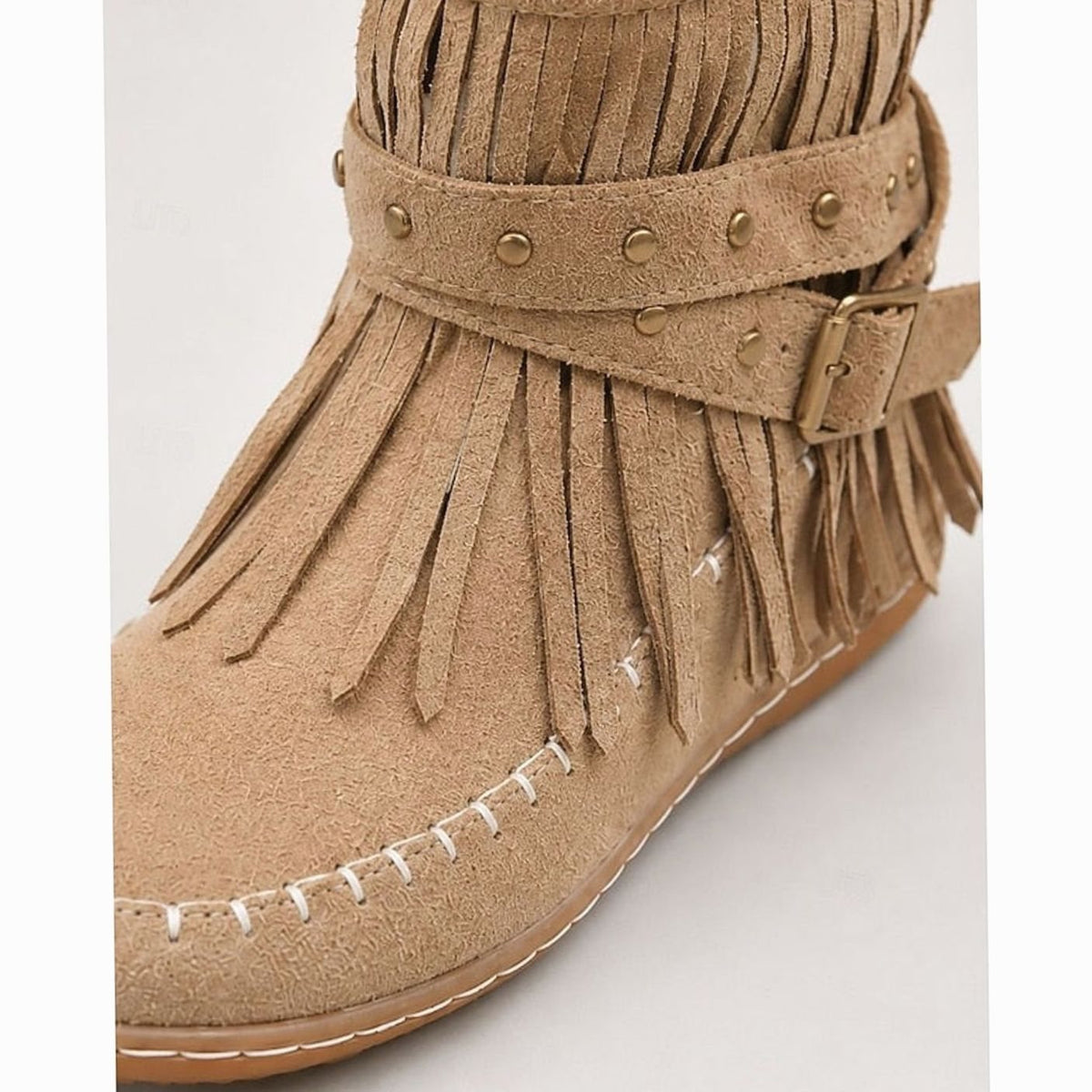 Women's Boho Fringe Moccasin Flat Ankle Boots with Buckle Strap