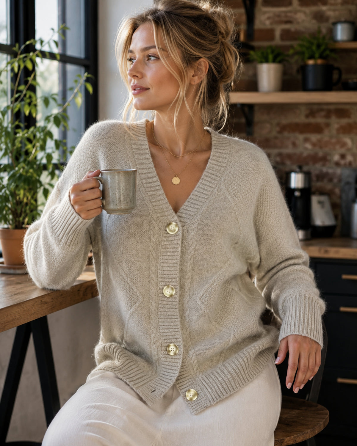 Women's Button-Down Cashmere Knit Cardigan with Long Sleeves