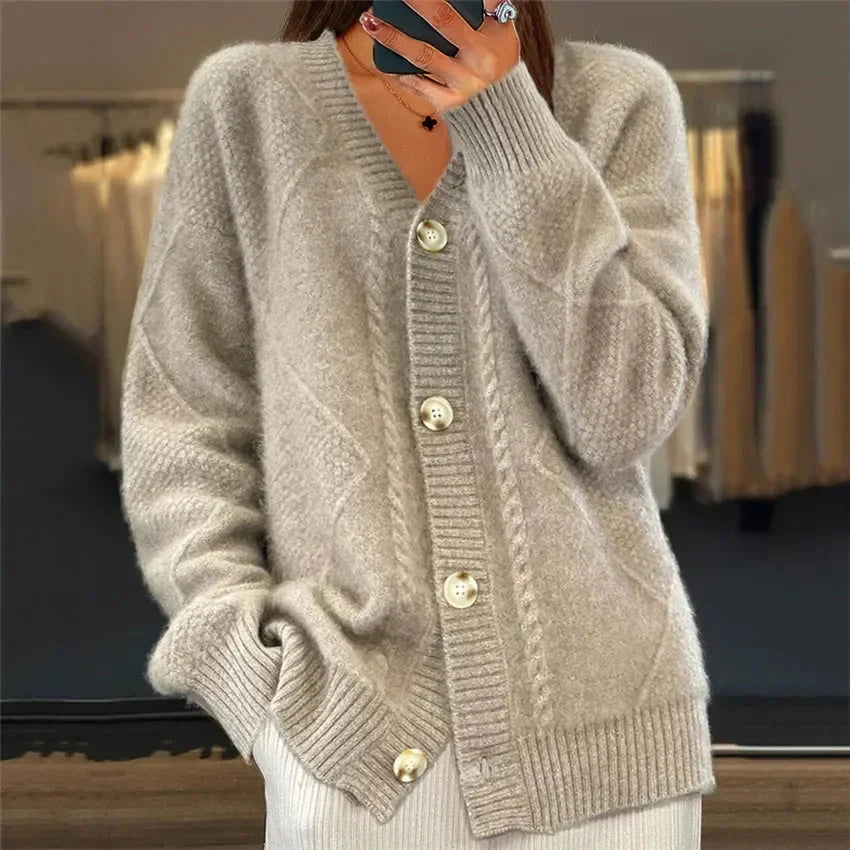Women's Button-Down Cashmere Knit Cardigan with Long Sleeves