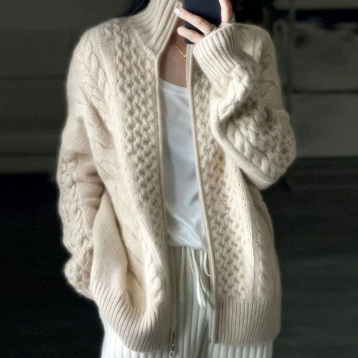 Women's Cable-Knit High-Neck Zip-Up Loose Cardigan Sweater