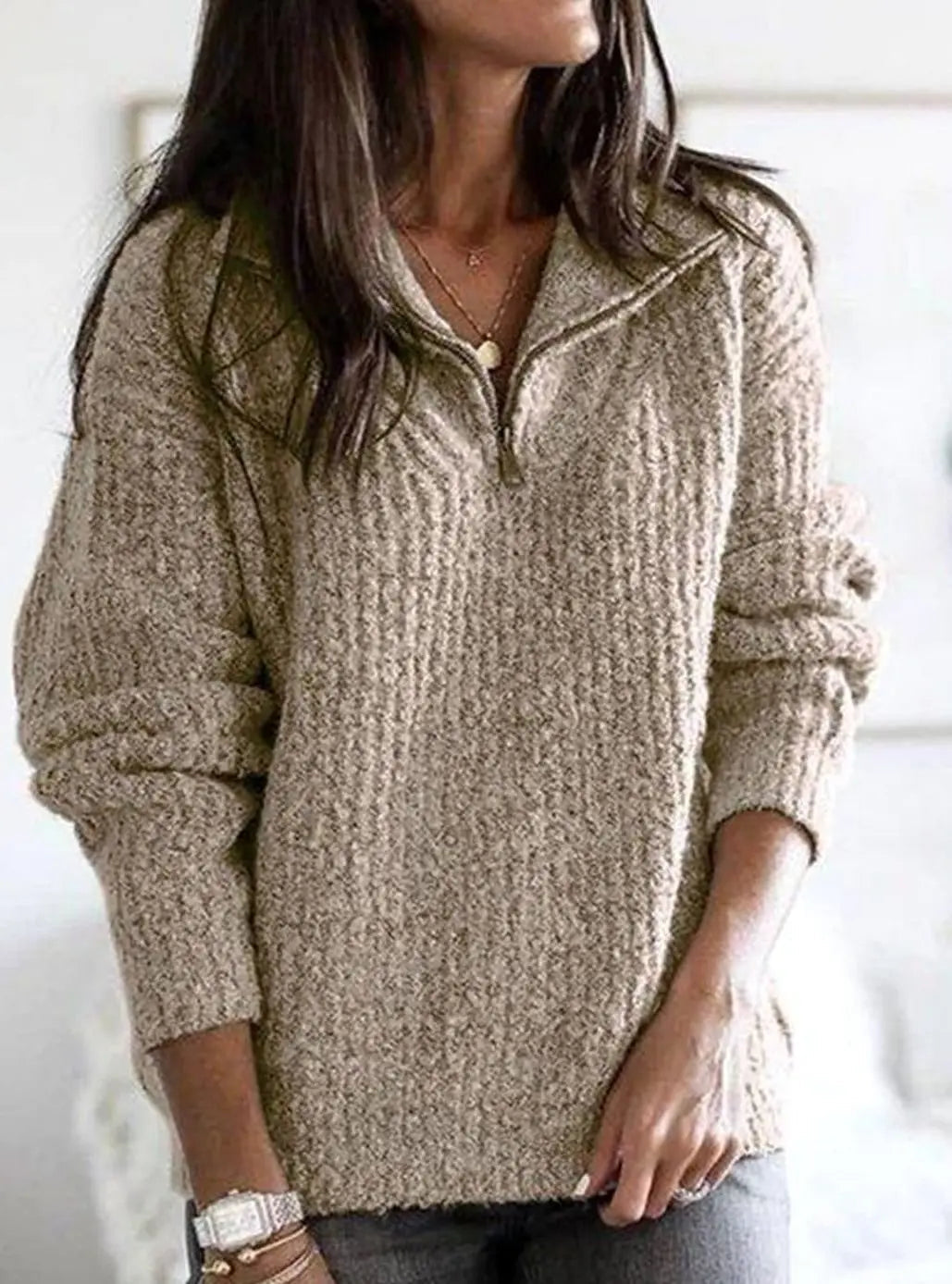 Women's Cable-Knit Ribbed Quarter-Zip Sweater