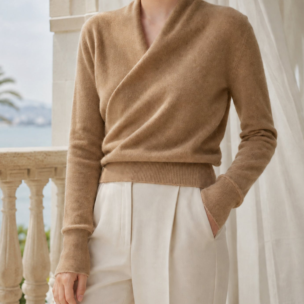 Women's Cashmere Blend Crossover Shawl-Neck Knit Jumper