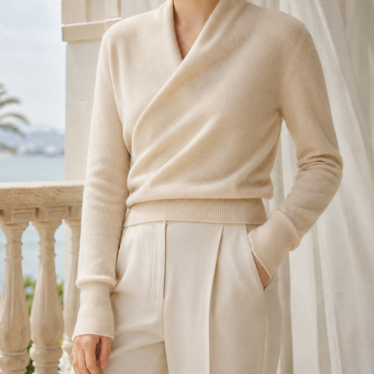 Women's Cashmere Blend Crossover Shawl-Neck Knit Jumper