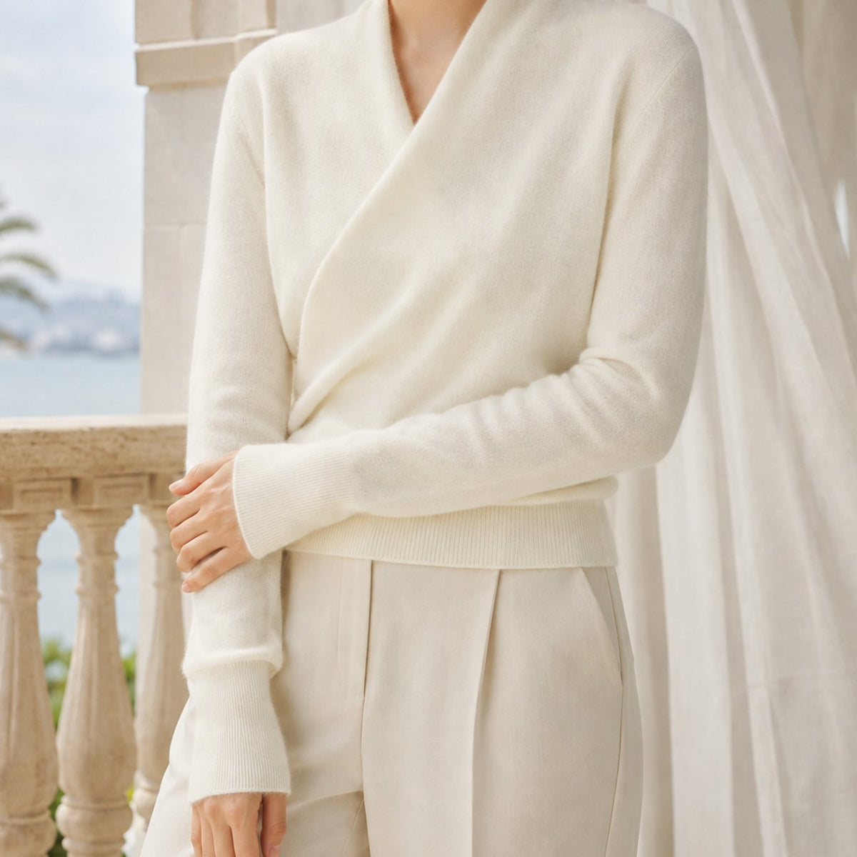 Women's Cashmere Blend Crossover Shawl-Neck Knit Jumper