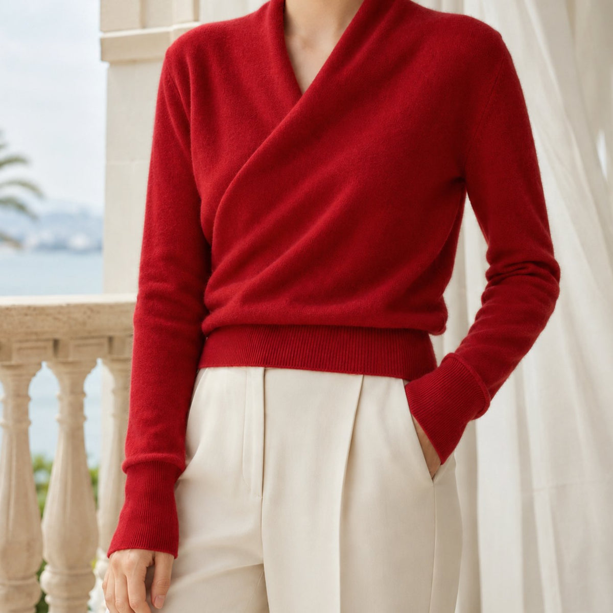 Women's Cashmere Blend Crossover Shawl-Neck Knit Jumper