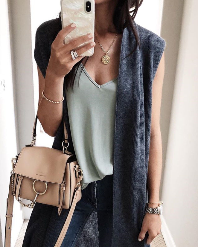 Women's Casual Oversized Open-Front Short-Sleeve Knit Vest