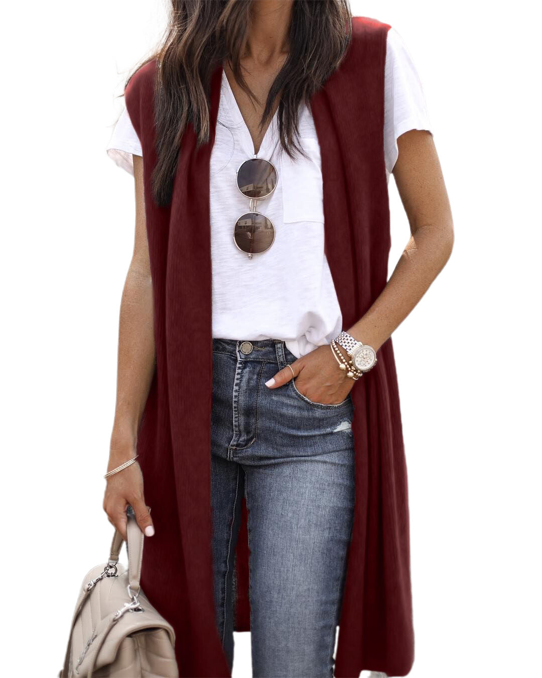 Women's Casual Oversized Open-Front Short-Sleeve Knit Vest