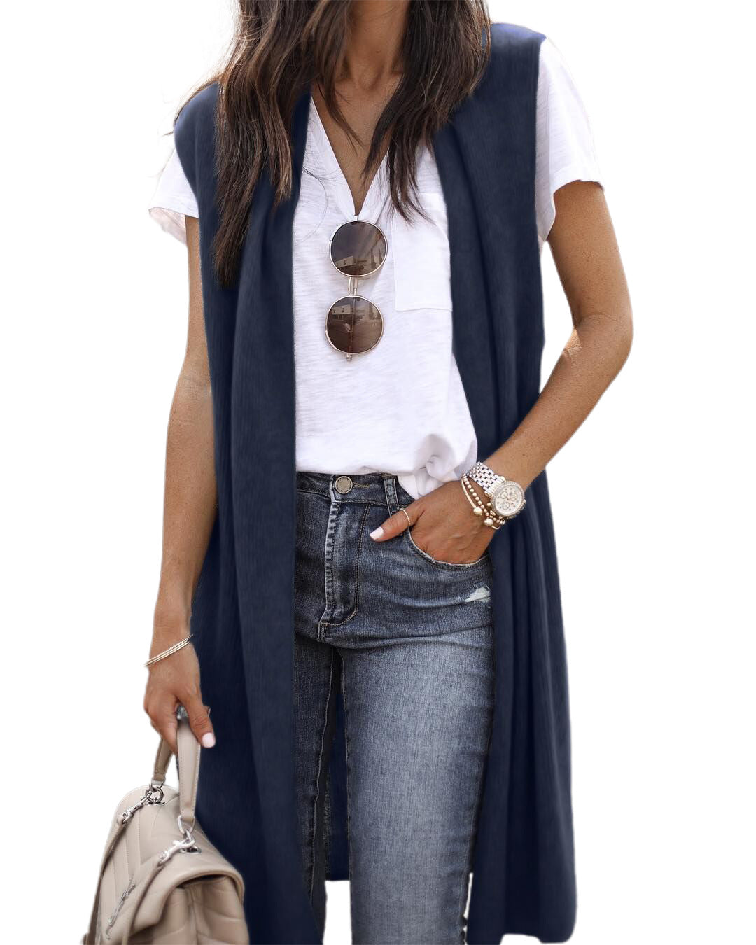Women's Casual Oversized Open-Front Short-Sleeve Knit Vest